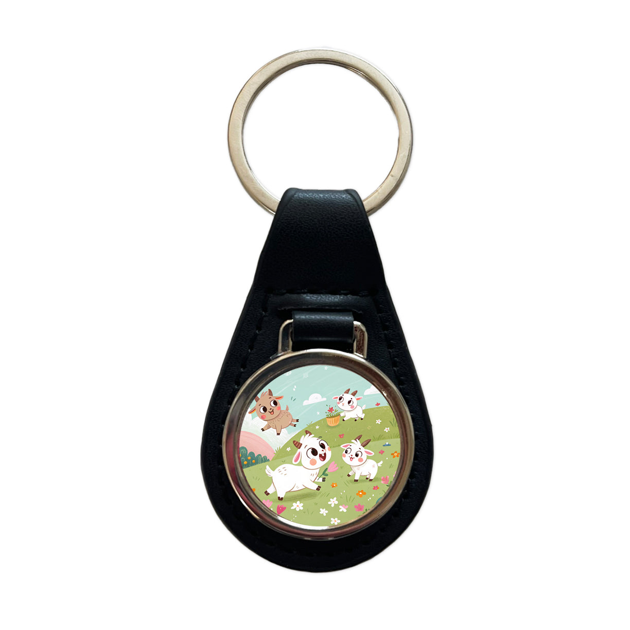 Kawaii Goats Black Leather Metal Keychain