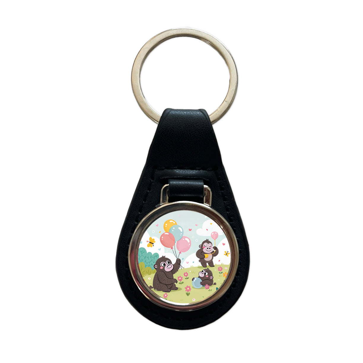 Kawaii Gorillas Black Leather Metal Keychain
