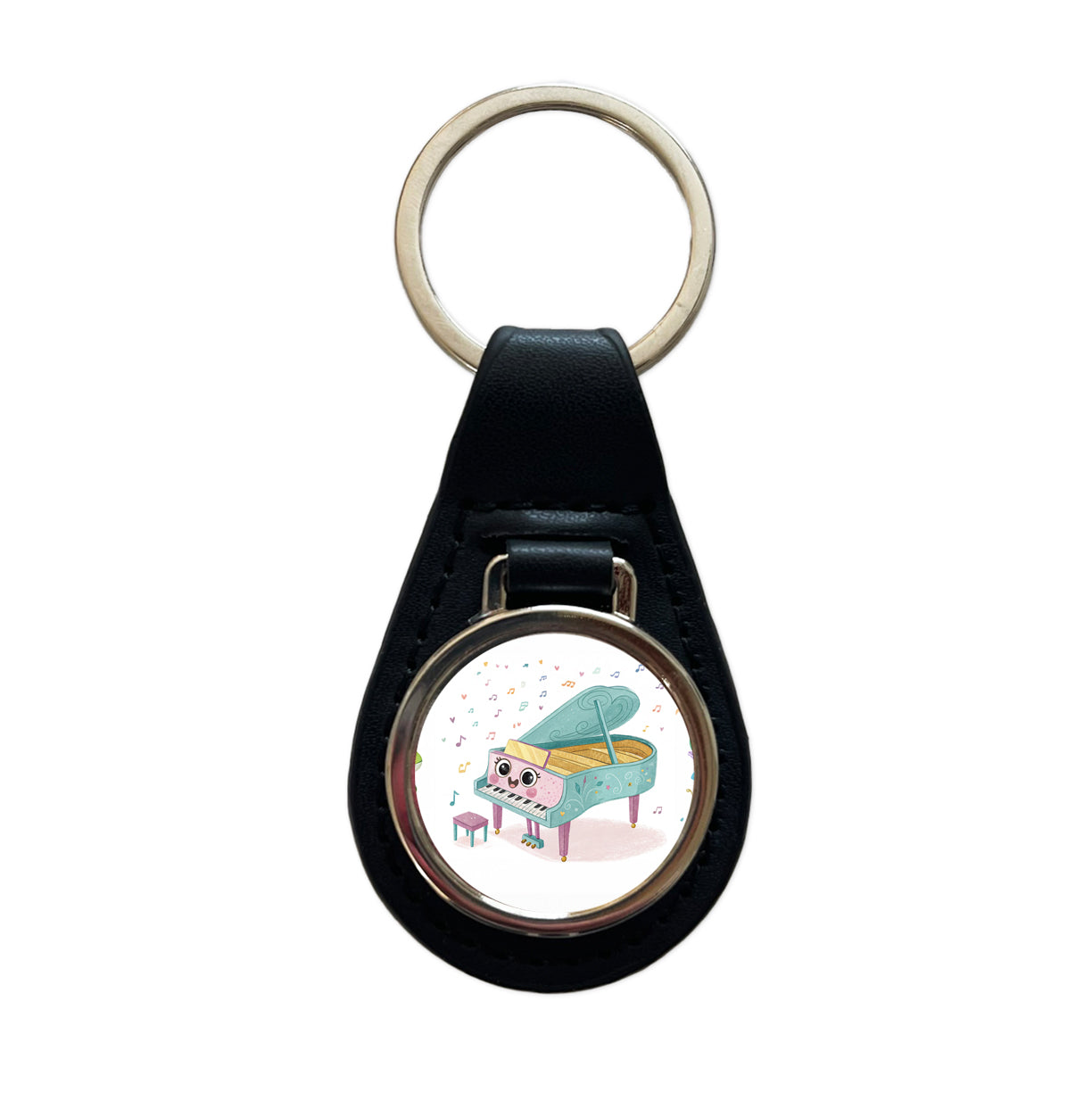 Kawaii Grand Piano Music Black Leather Metal Keychain