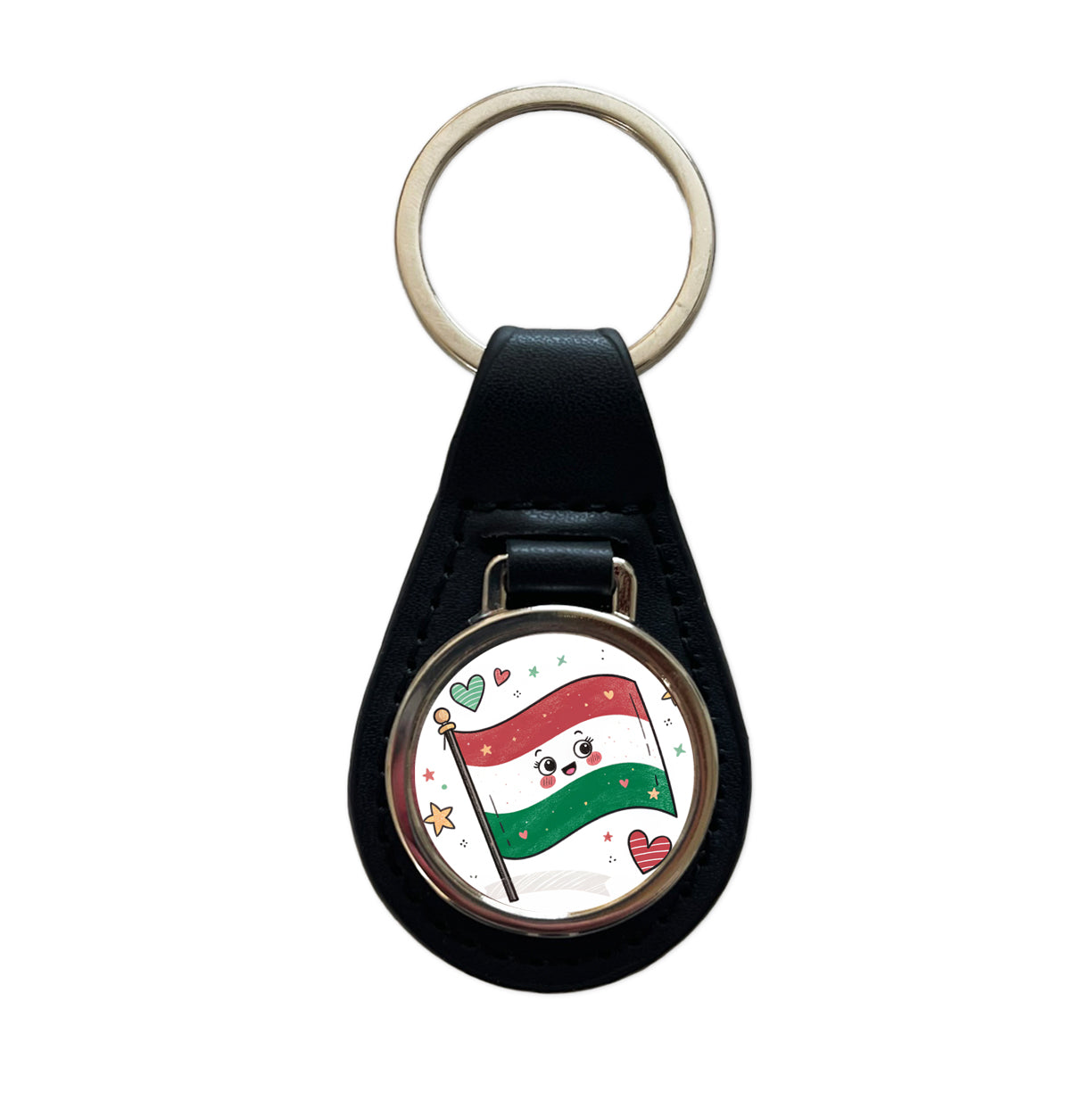 Kawaii Hungary Flag Black Leather Metal Keychain