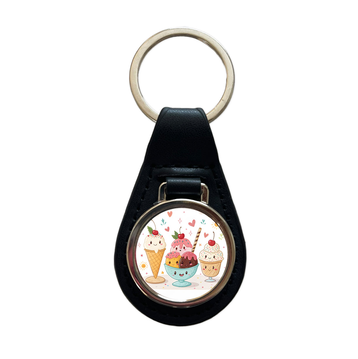 Kawaii Ice Cream Sundaes Black Leather Metal Keychain