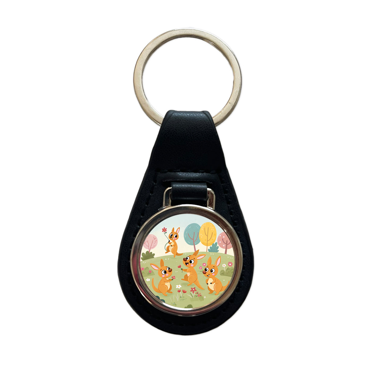Kawaii Kangaroos Black Leather Metal Keychain
