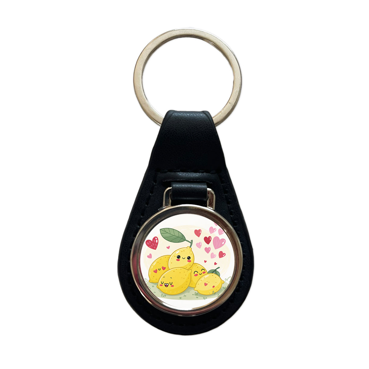 Kawaii Lemons And Hearts Black Leather Metal Keychain