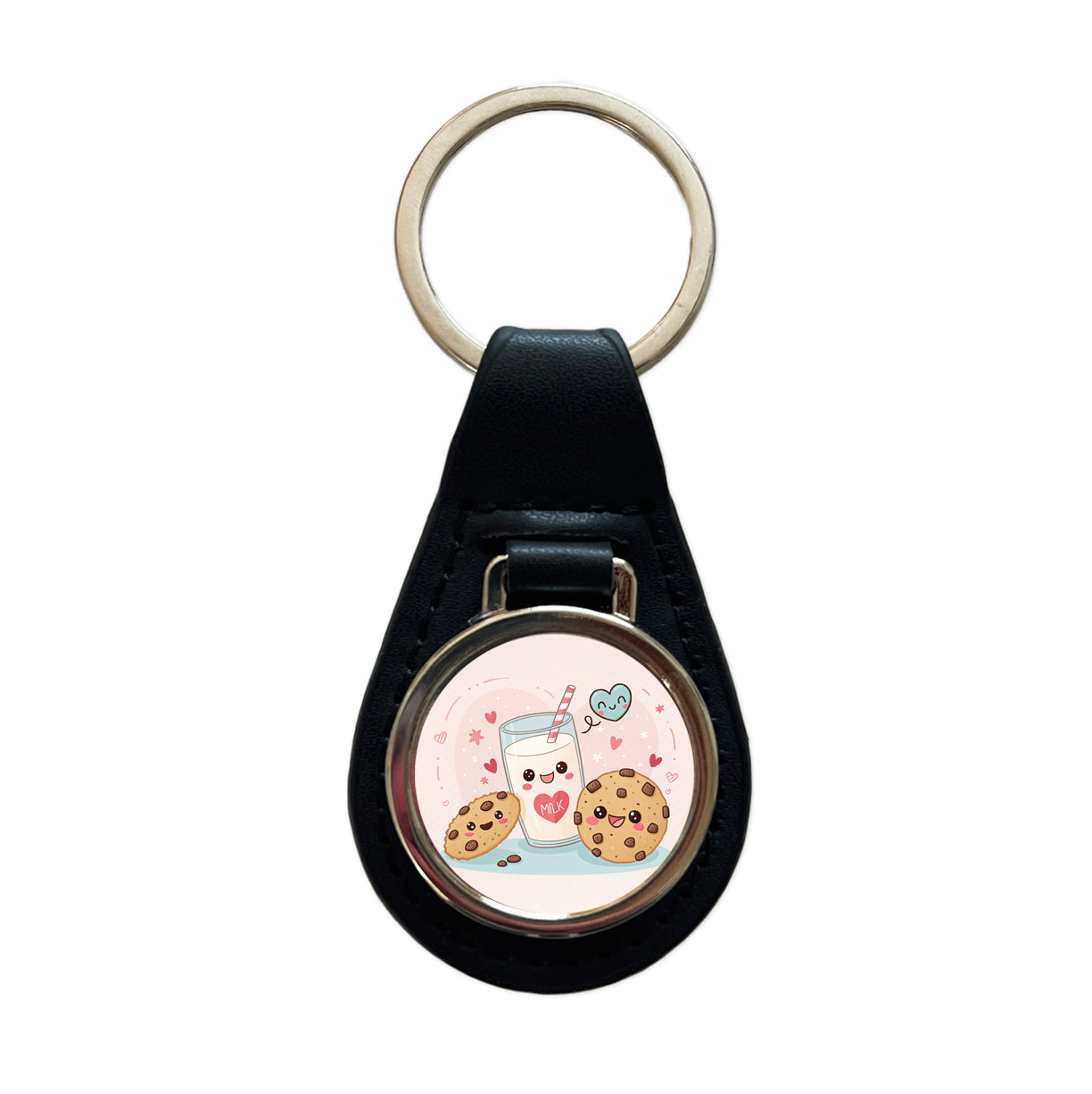 Kawaii Milk And Cookies Black Leather Metal Keychain