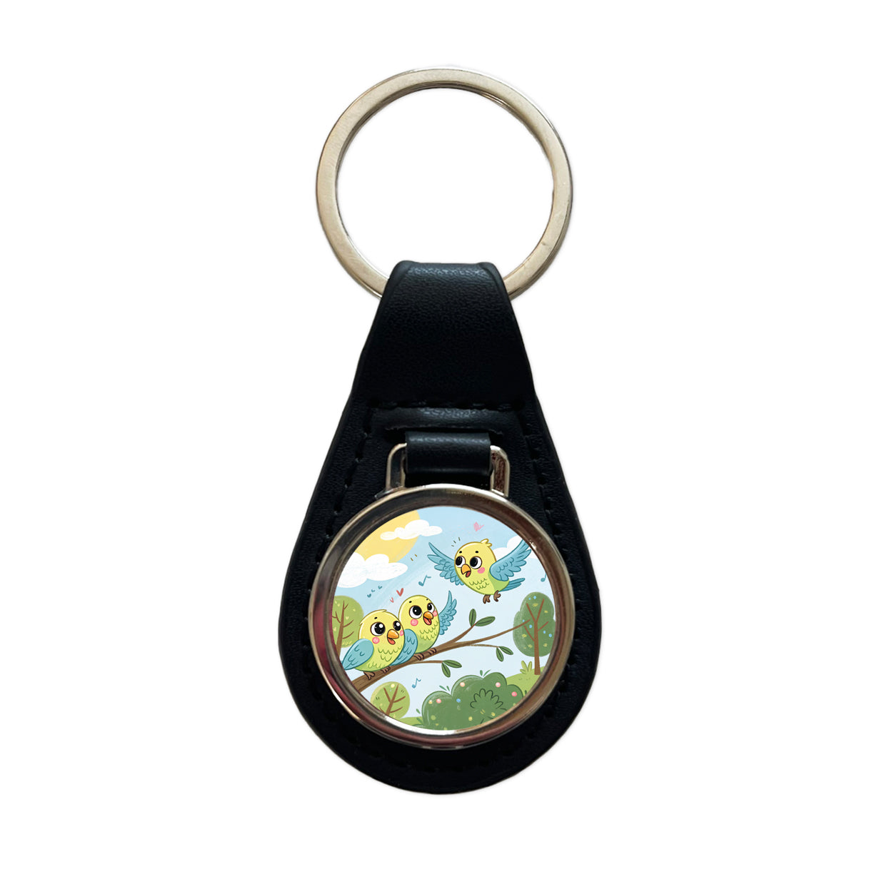 Kawaii Parakeets Black Leather Metal Keychain