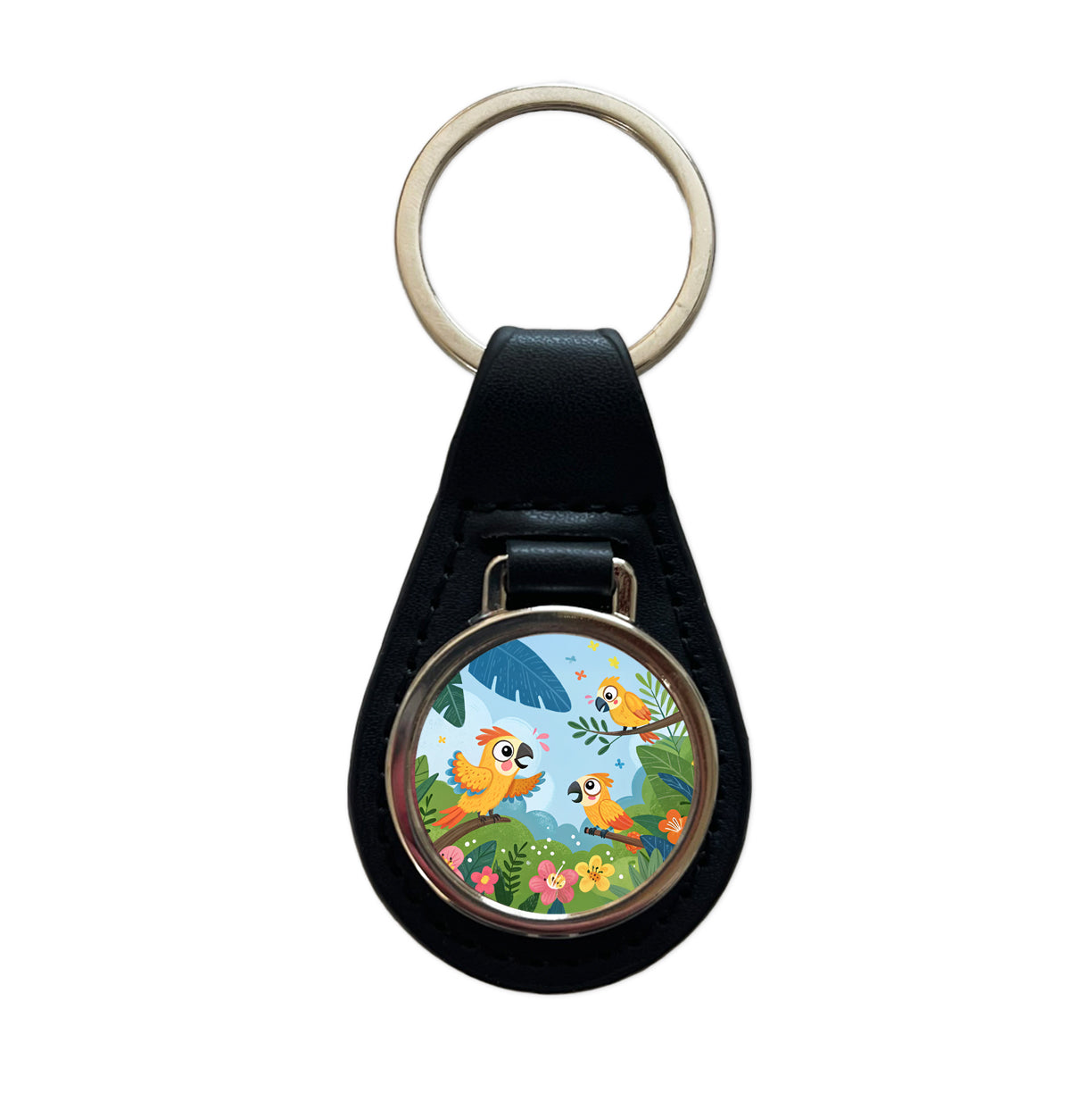 Kawaii Parrots Black Leather Metal Keychain