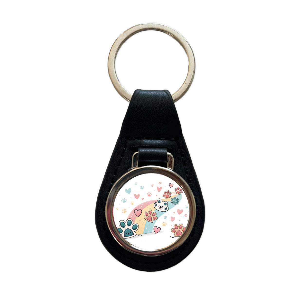 Kawaii Paw Prints And Hearts Sty Black Leather Metal Keychain