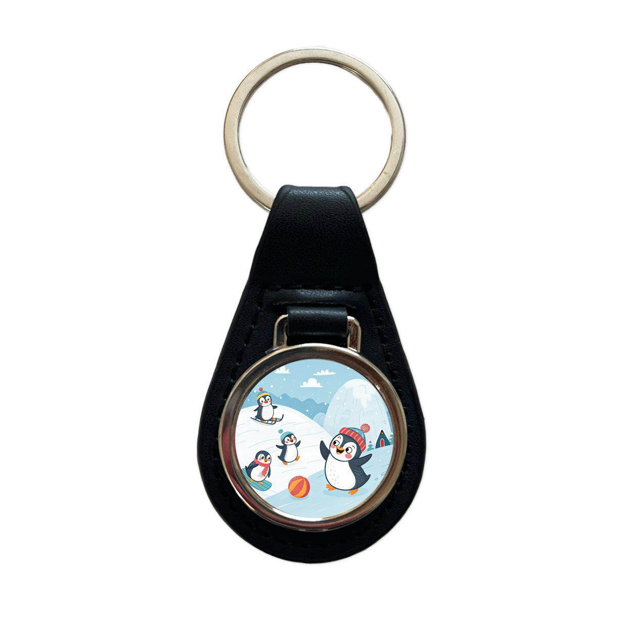 Kawaii Penguins Black Leather Metal Keychain