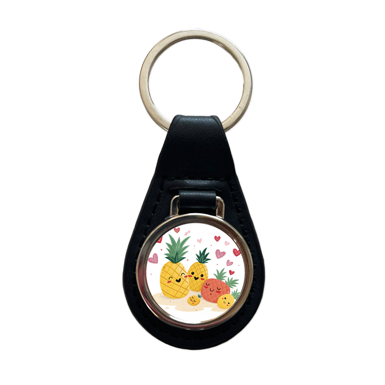 Kawaii Pineapples And Hearts Black Leather Metal Keychain