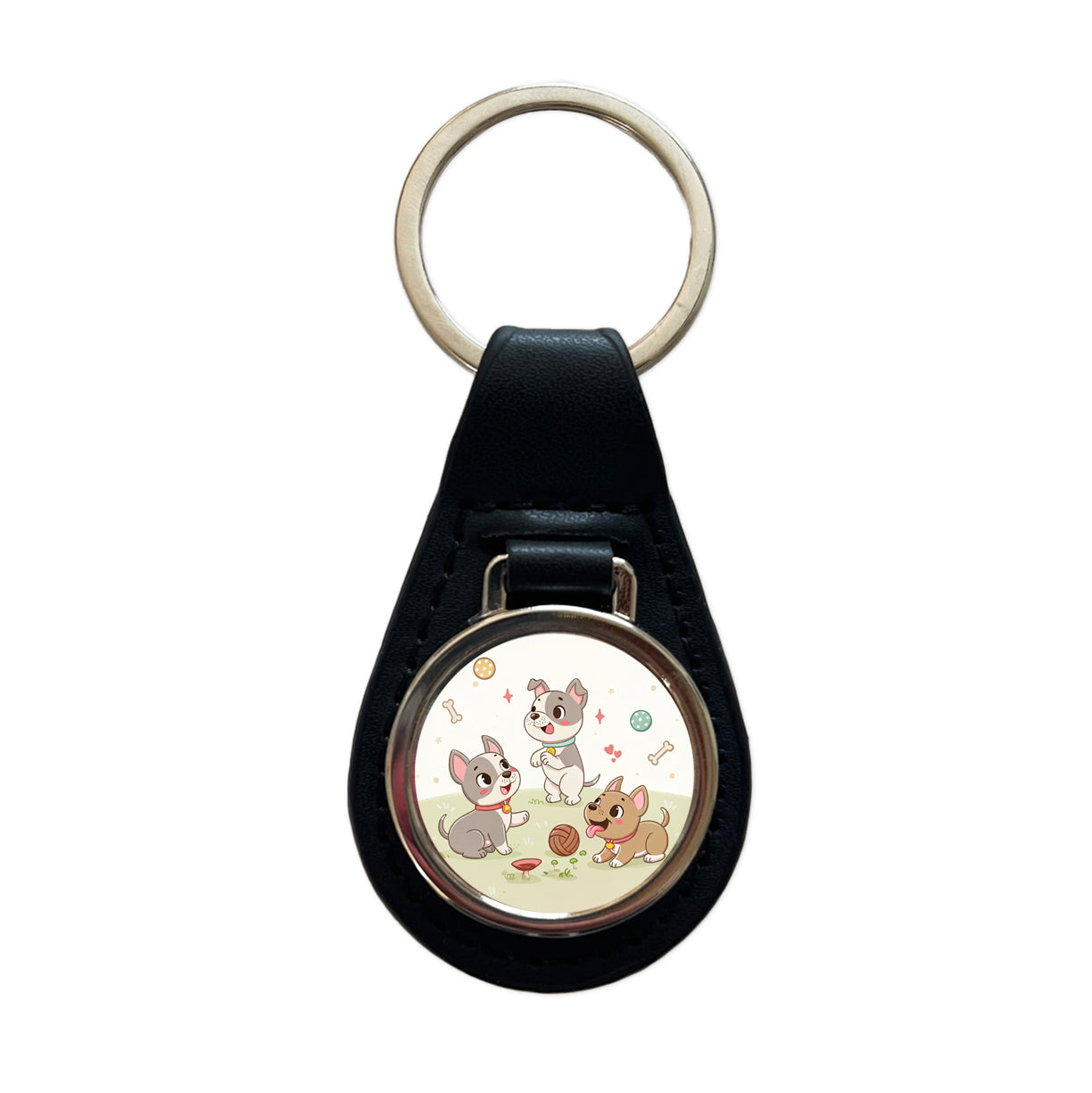 Kawaii Pitbulls Dogs Black Leather Metal Keychain