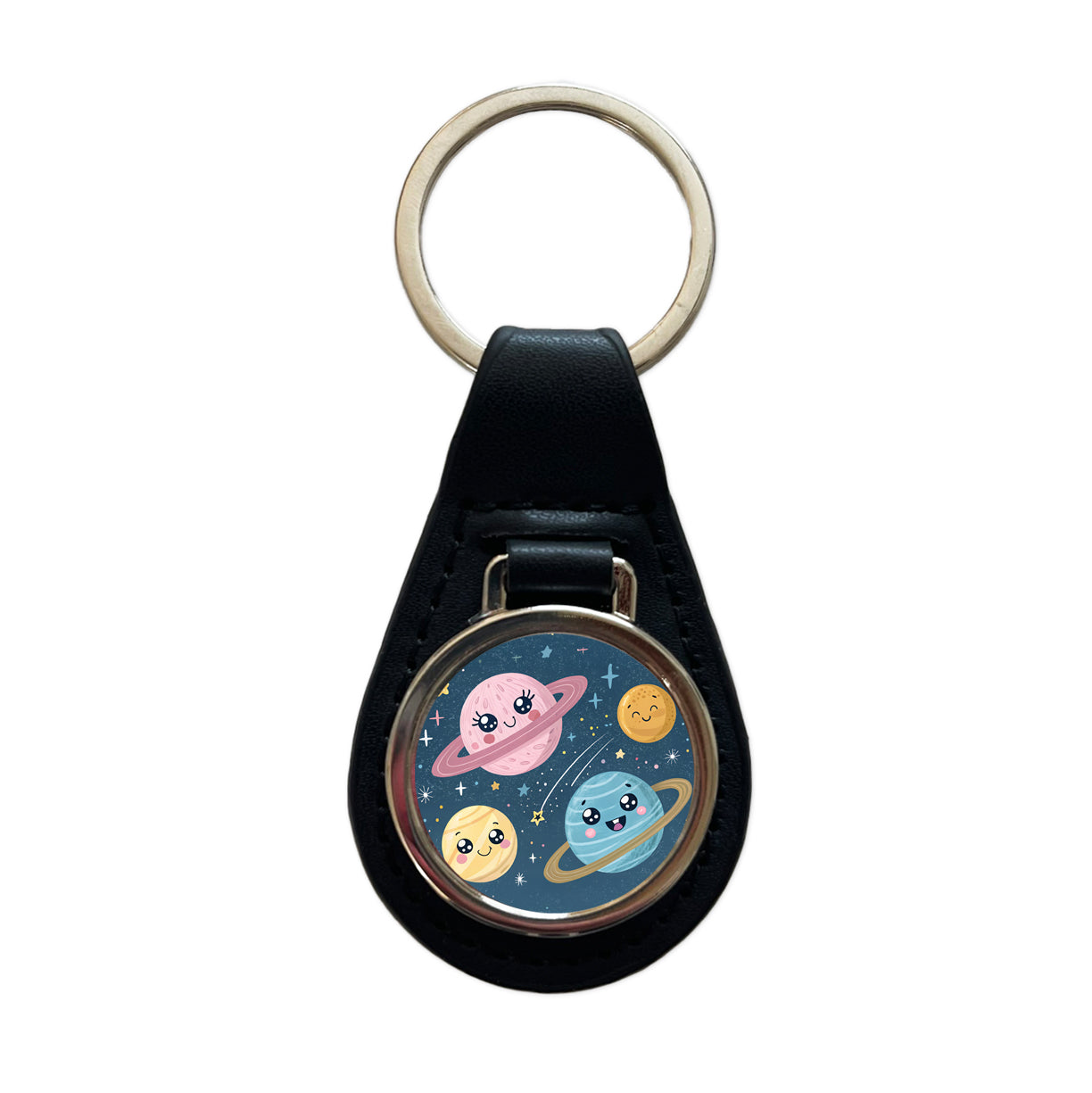 Kawaii Planets Space Astronomy Black Leather Metal Keychain