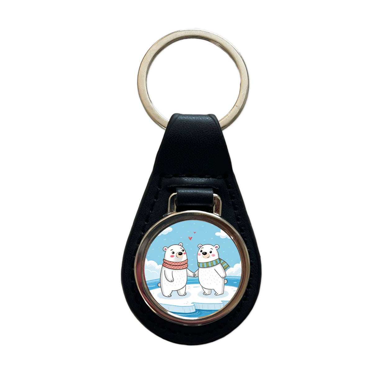 Kawaii Polar Bears In Love Valentine's Day Black Leather Metal Keychain