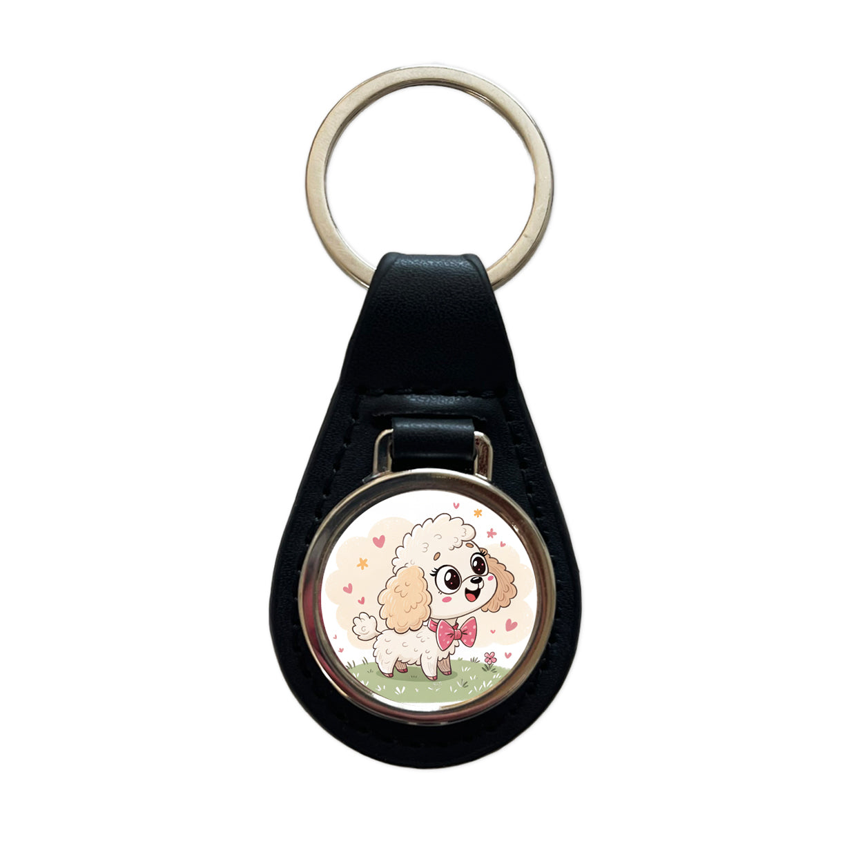 Kawaii Poodle Dog Black Leather Metal Keychain
