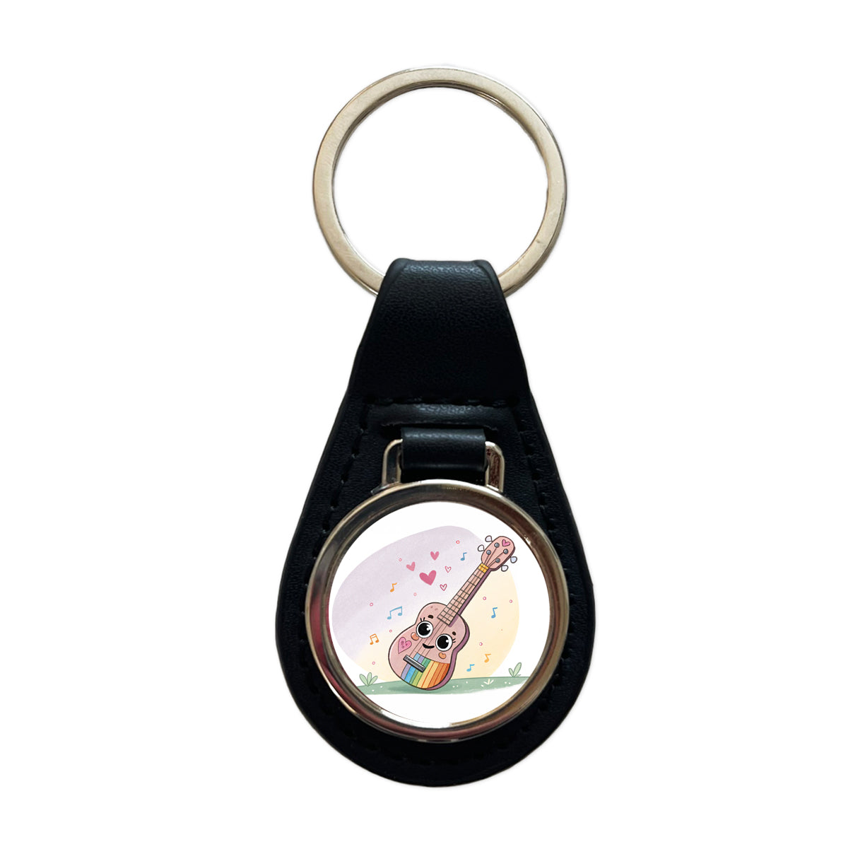 Kawaii Colorful Ukulele Music Black Leather Metal Keychain