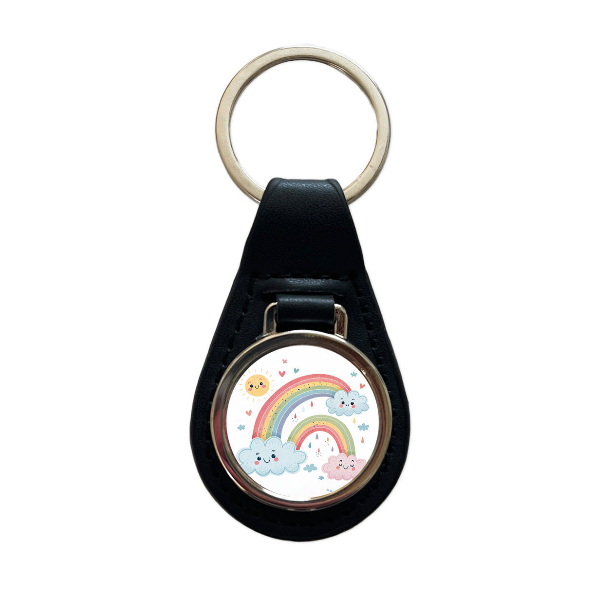 Kawaii Rainbows And Clouds Black Leather Metal Keychain
