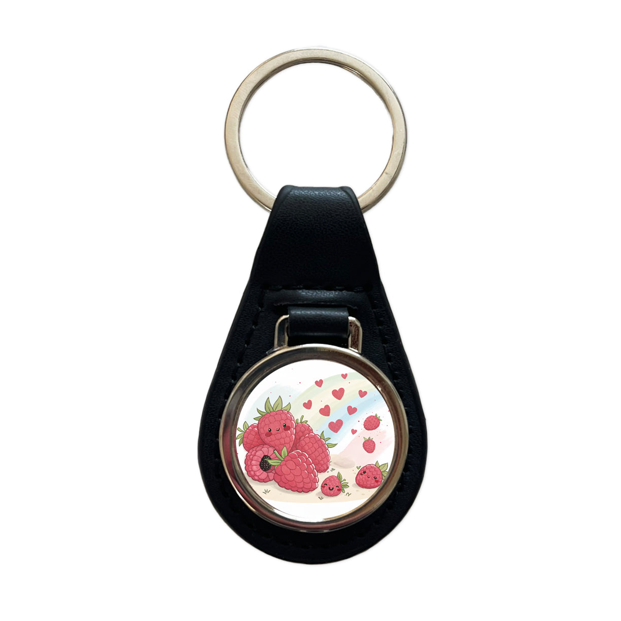 Kawaii Raspberries And Hearts Black Leather Metal Keychain