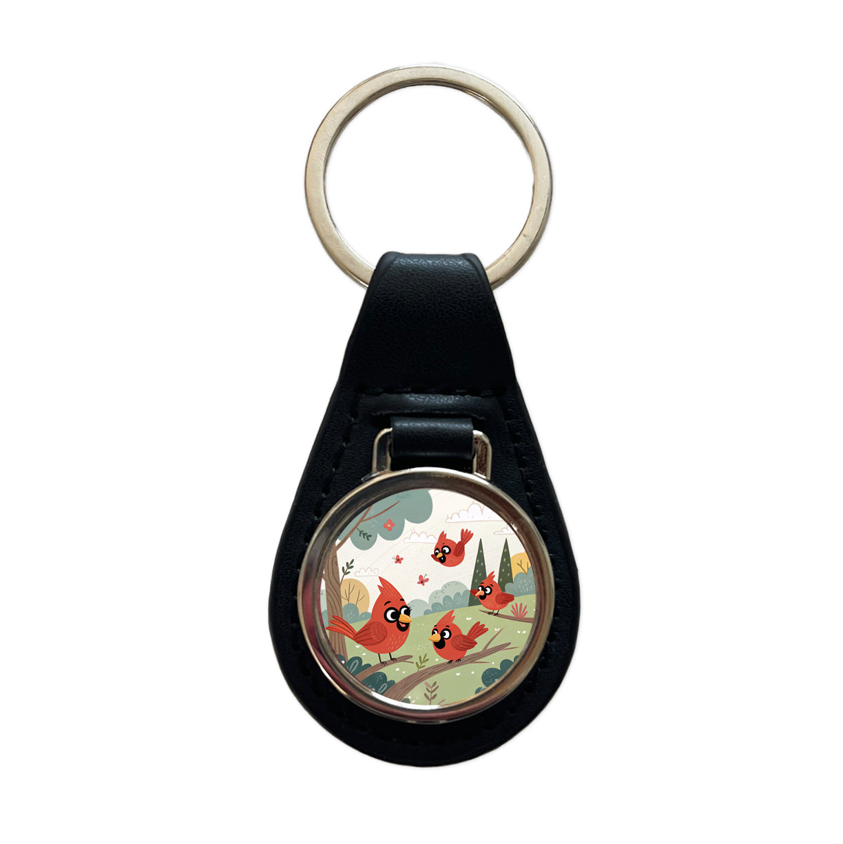 Kawaii Red Cardinals Birds Black Leather Metal Keychain