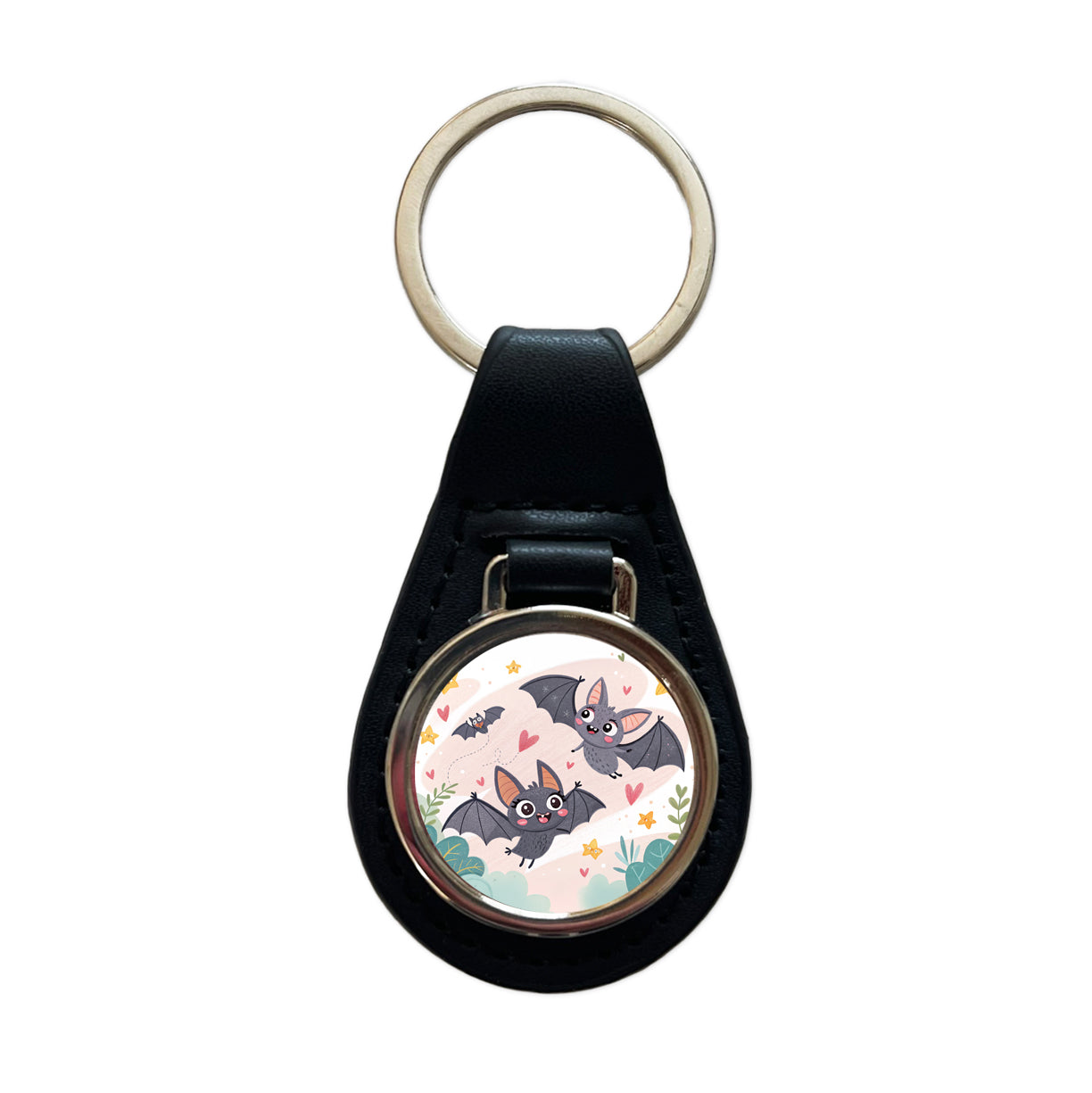 Kawaii Scattered Bats Black Leather Metal Keychain