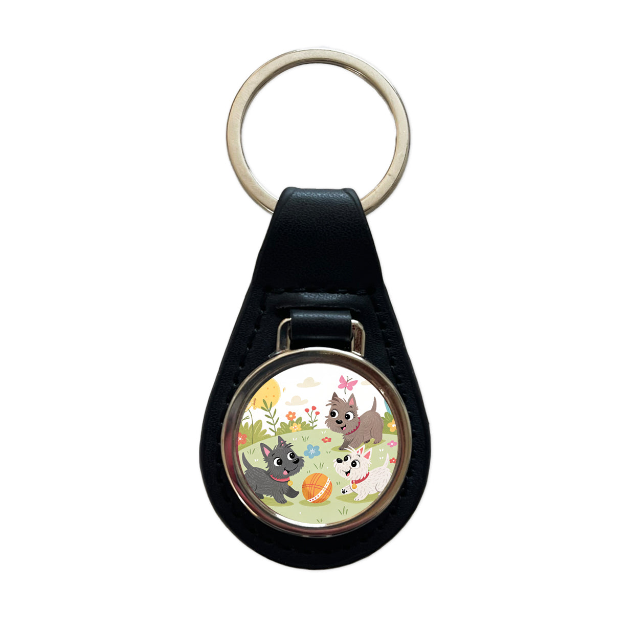 Kawaii Scottish Terriers Dogs Black Leather Metal Keychain