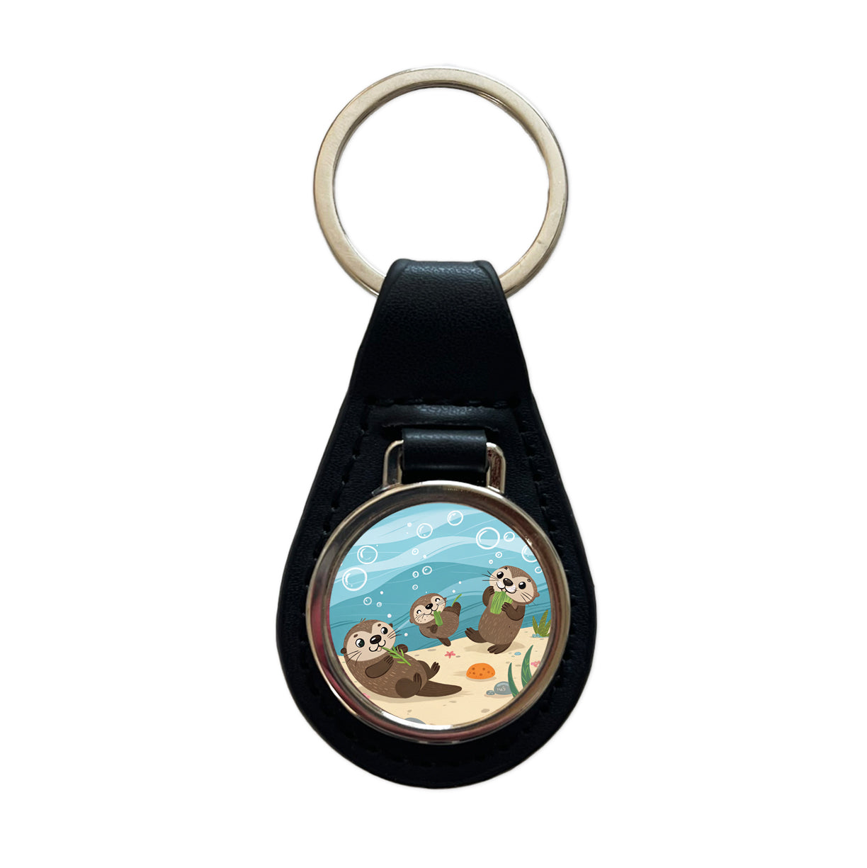 Kawaii Sea Otters Black Leather Metal Keychain