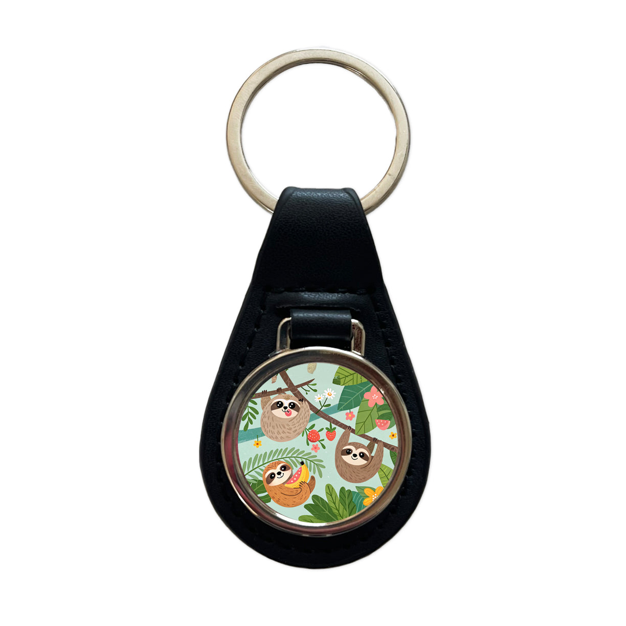 Kawaii Sloths Black Leather Metal Keychain