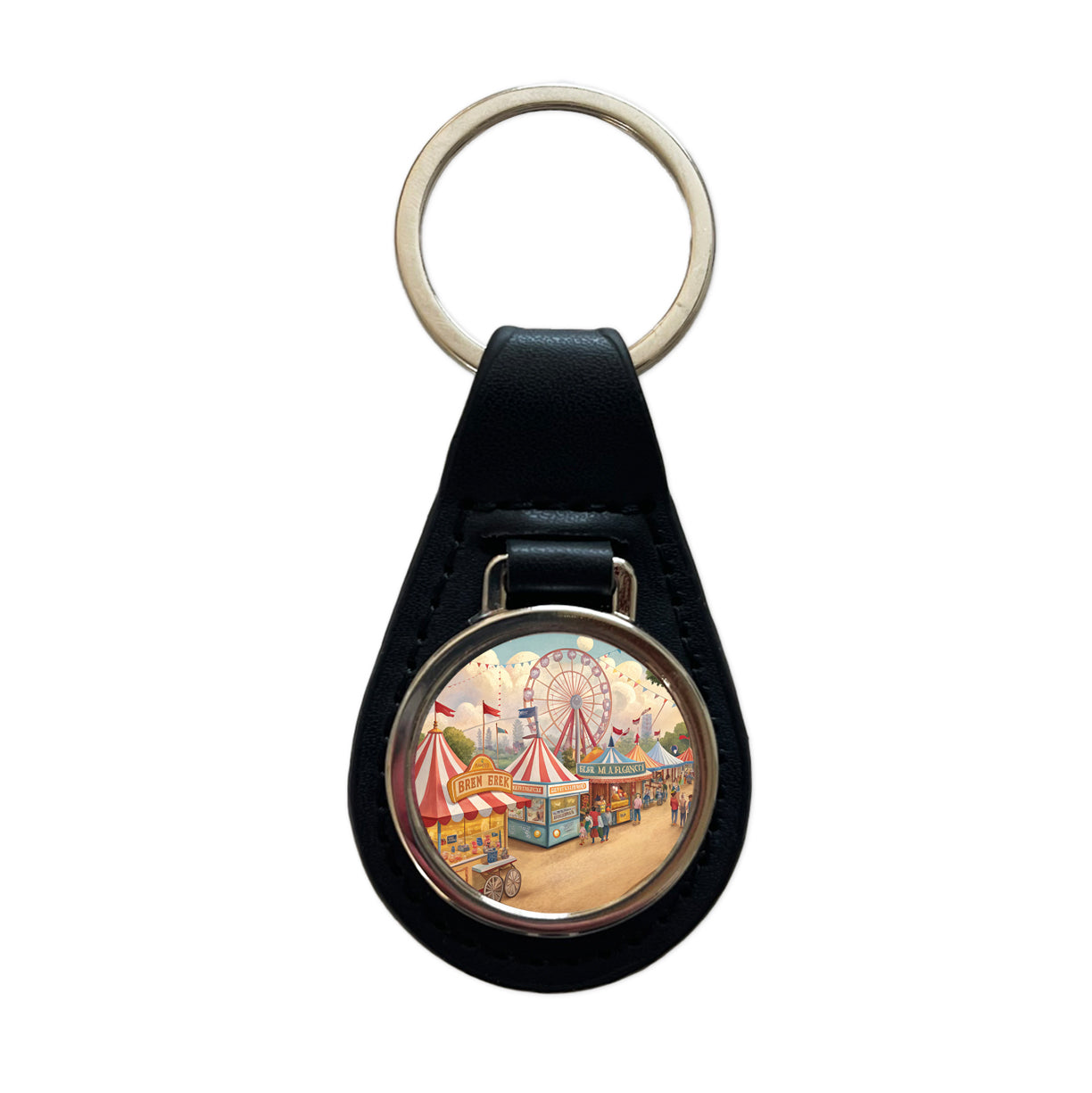 Americana State Fair Scene Black Leather Metal Keychain