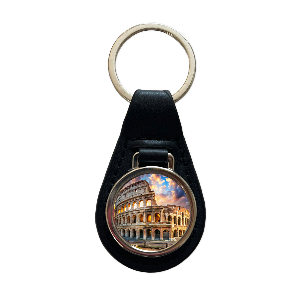 Ancient Rome Coliseum at Sunset Black Leather Metal Keychain