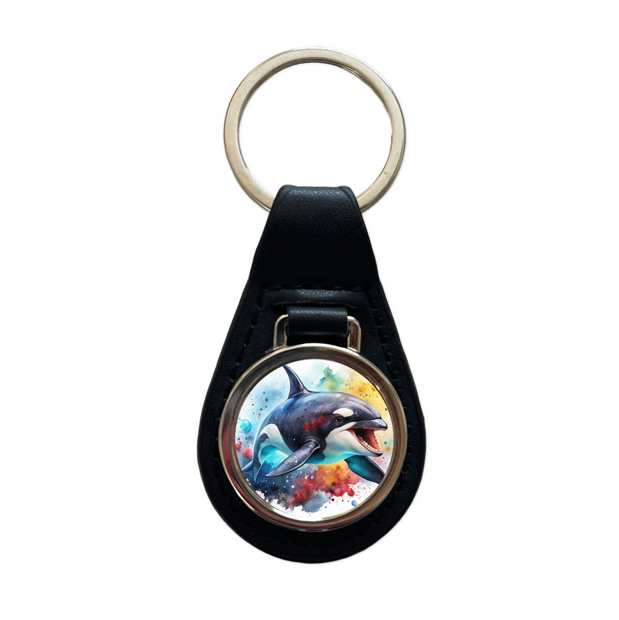 Angry Orca Killer Whale Watercolor Black Leather Metal Keychain