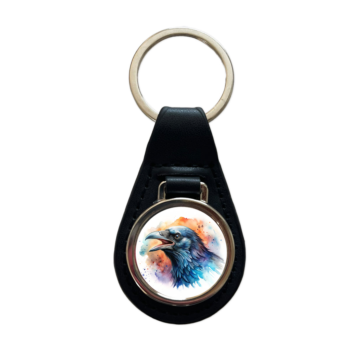 Angry Raven Watercolor Black Leather Metal Keychain