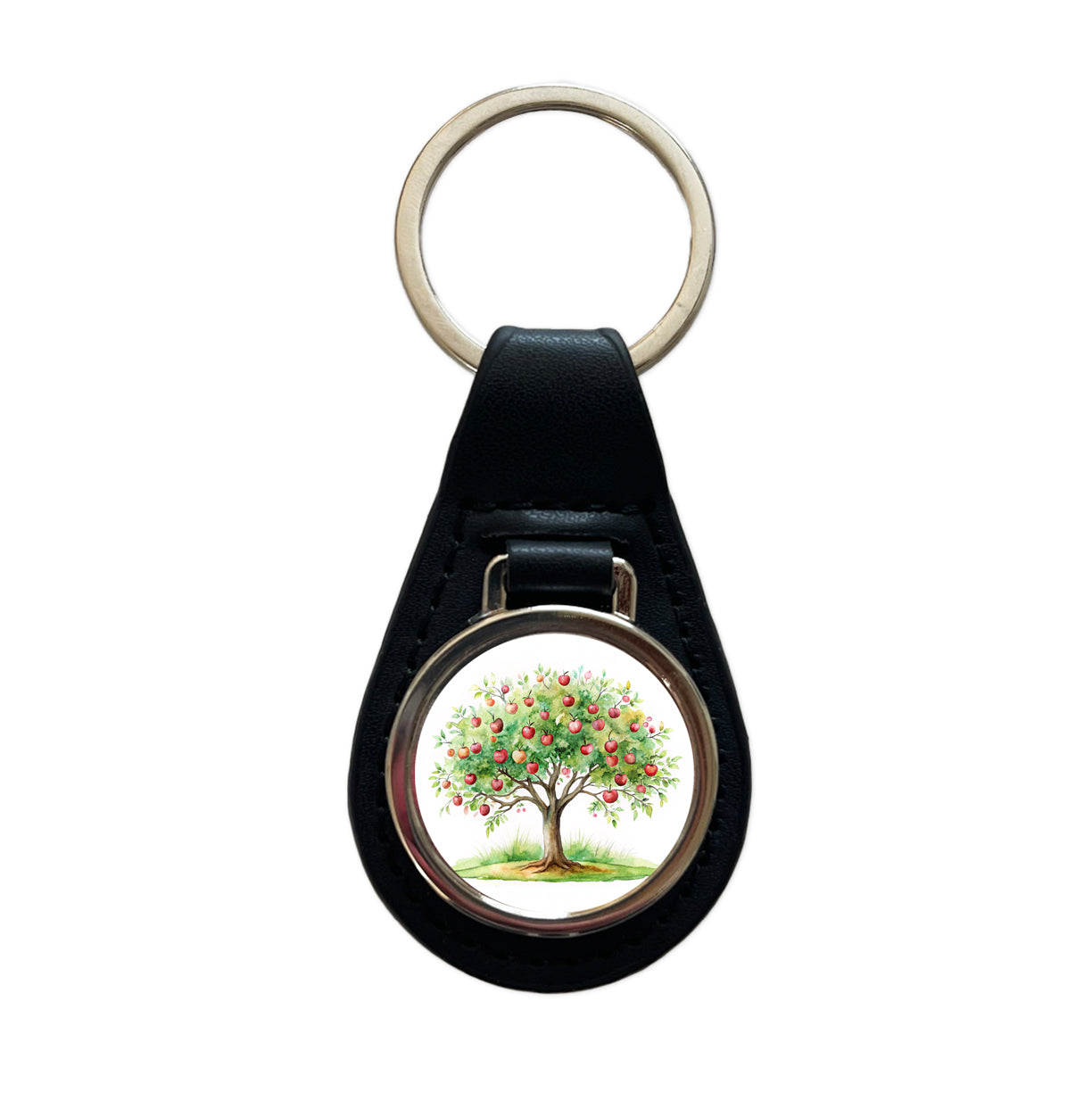 Apple Tree Watercolor Black Leather Metal Keychain