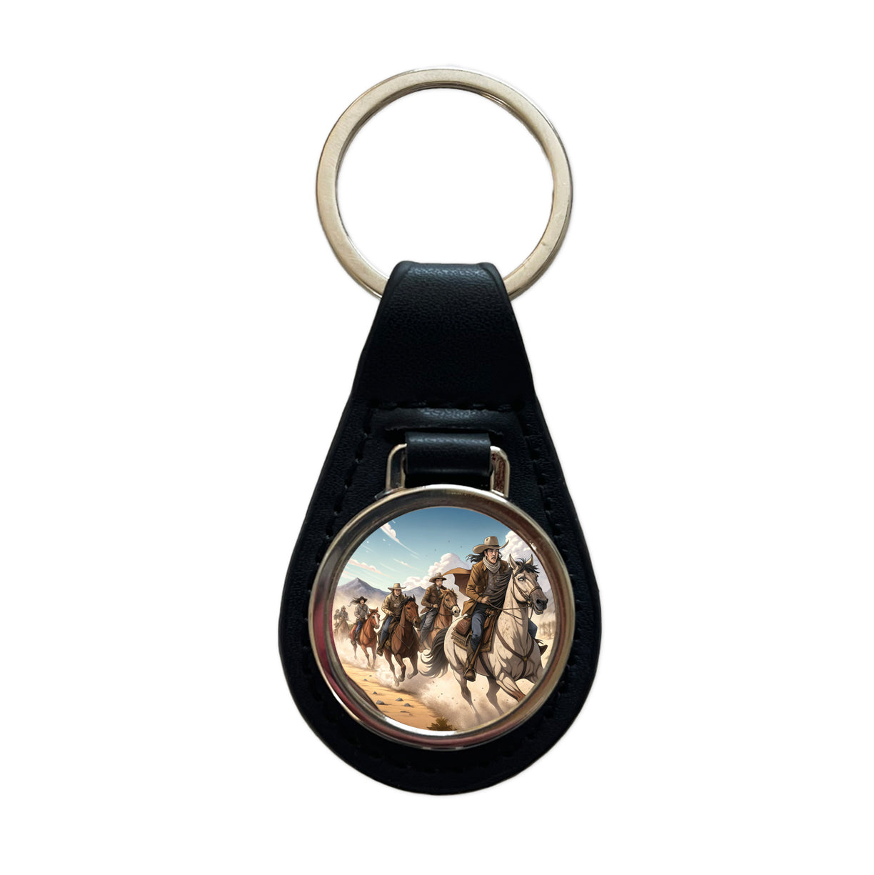 Bandits Riding Hard Old West Cowboys Western Black Leather Metal Keychain