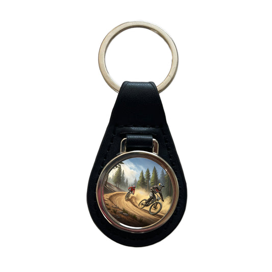 Bicycle Motocross Bikes Racing Black Leather Metal Keychain