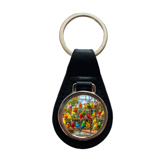 Bird Cage with Canaries Black Leather Metal Keychain