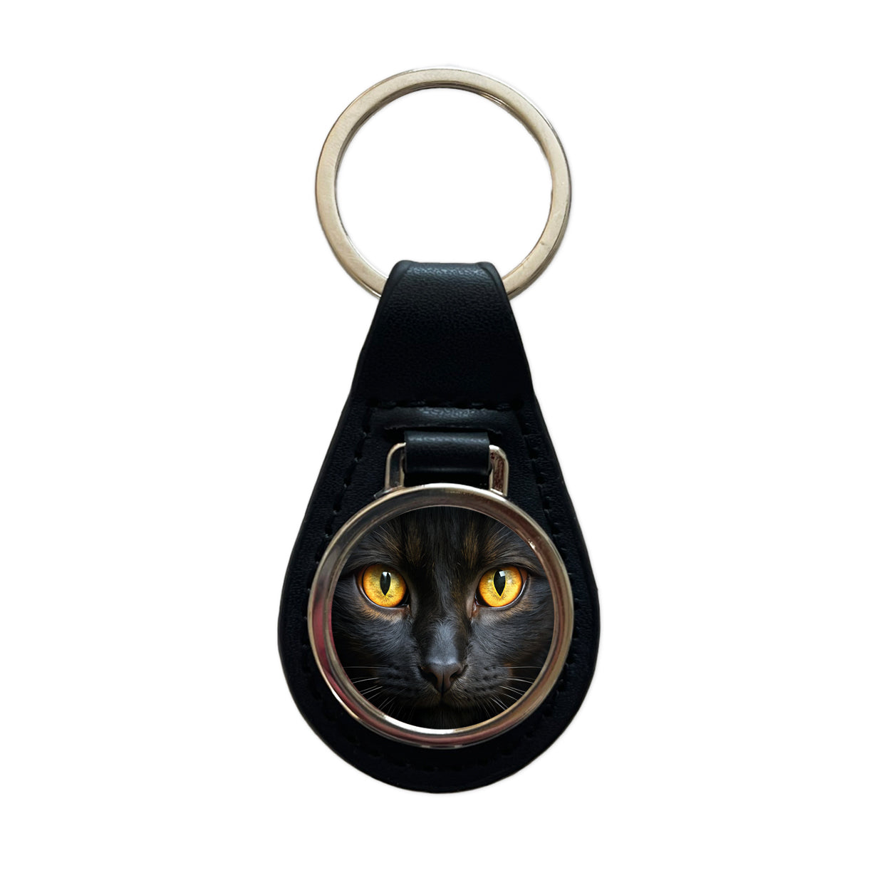 Black Cat with Gold Eyes Black Leather Metal Keychain
