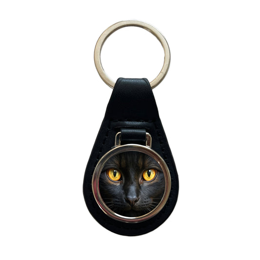 Black Cat with Gold Eyes Black Leather Metal Keychain
