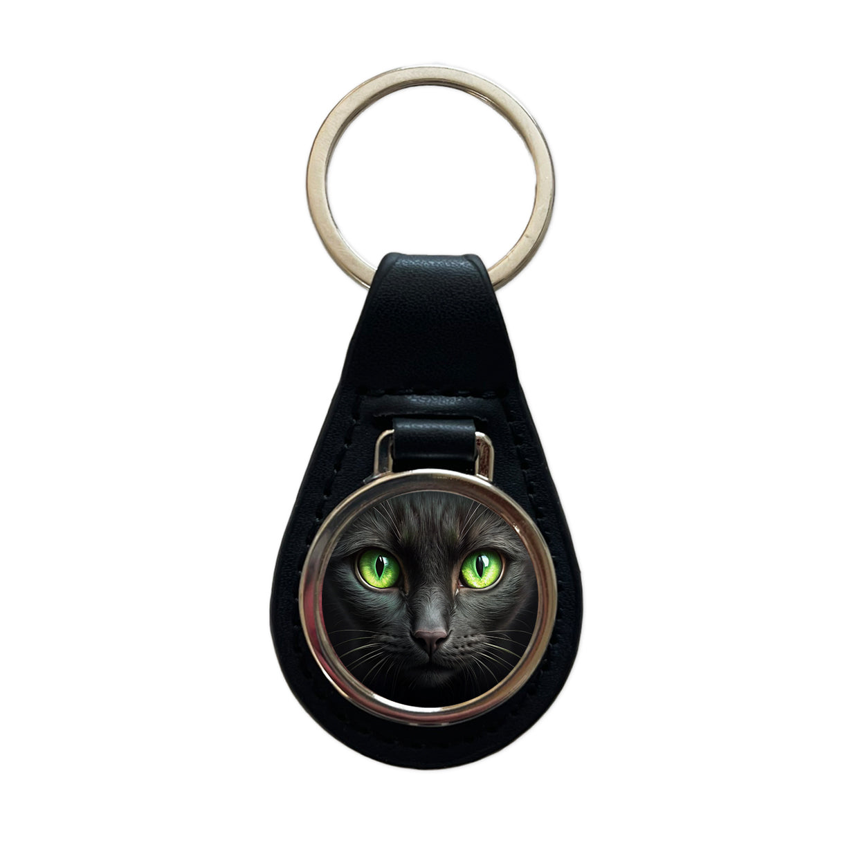 Black Cat with Green Eyes Black Leather Metal Keychain