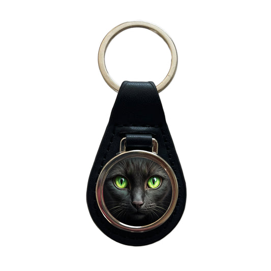 Black Cat with Green Eyes Black Leather Metal Keychain