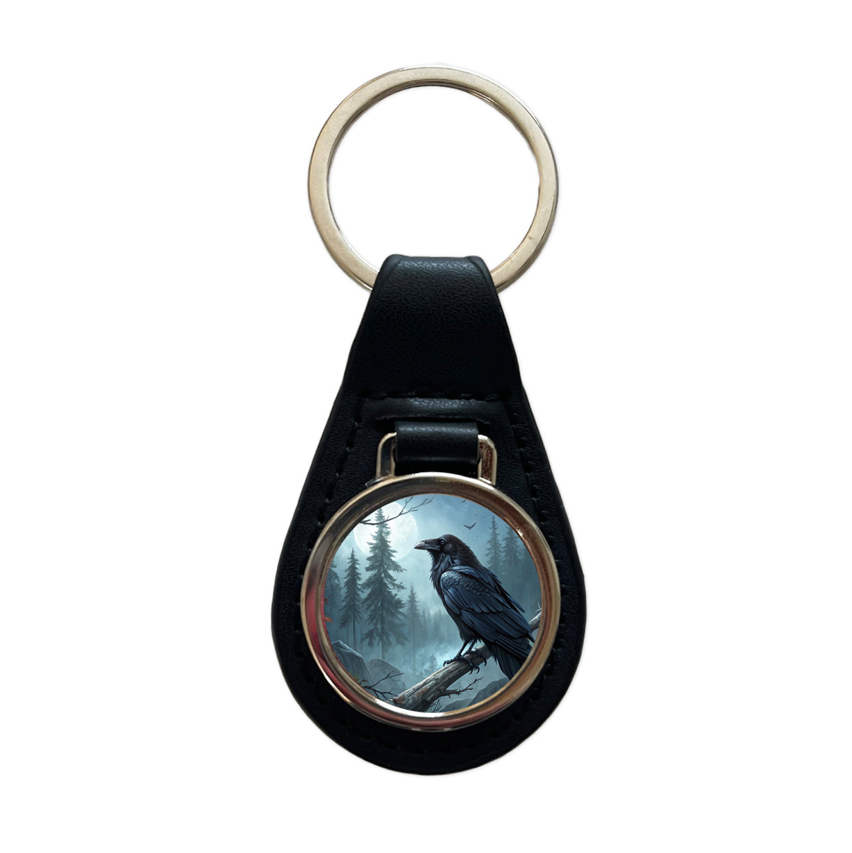 Black Raven at Night Under a Full Moon Black Leather Metal Keychain
