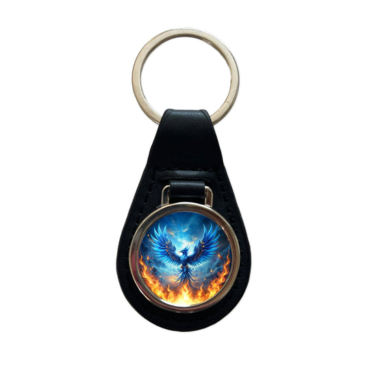 Blue Flaming Phoenix Rising From Ashes Fantasy Bird Black Leather Metal Keychain