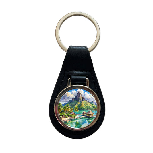 Bora Bora French Polynesia Watercolor Black Leather Metal Keychain