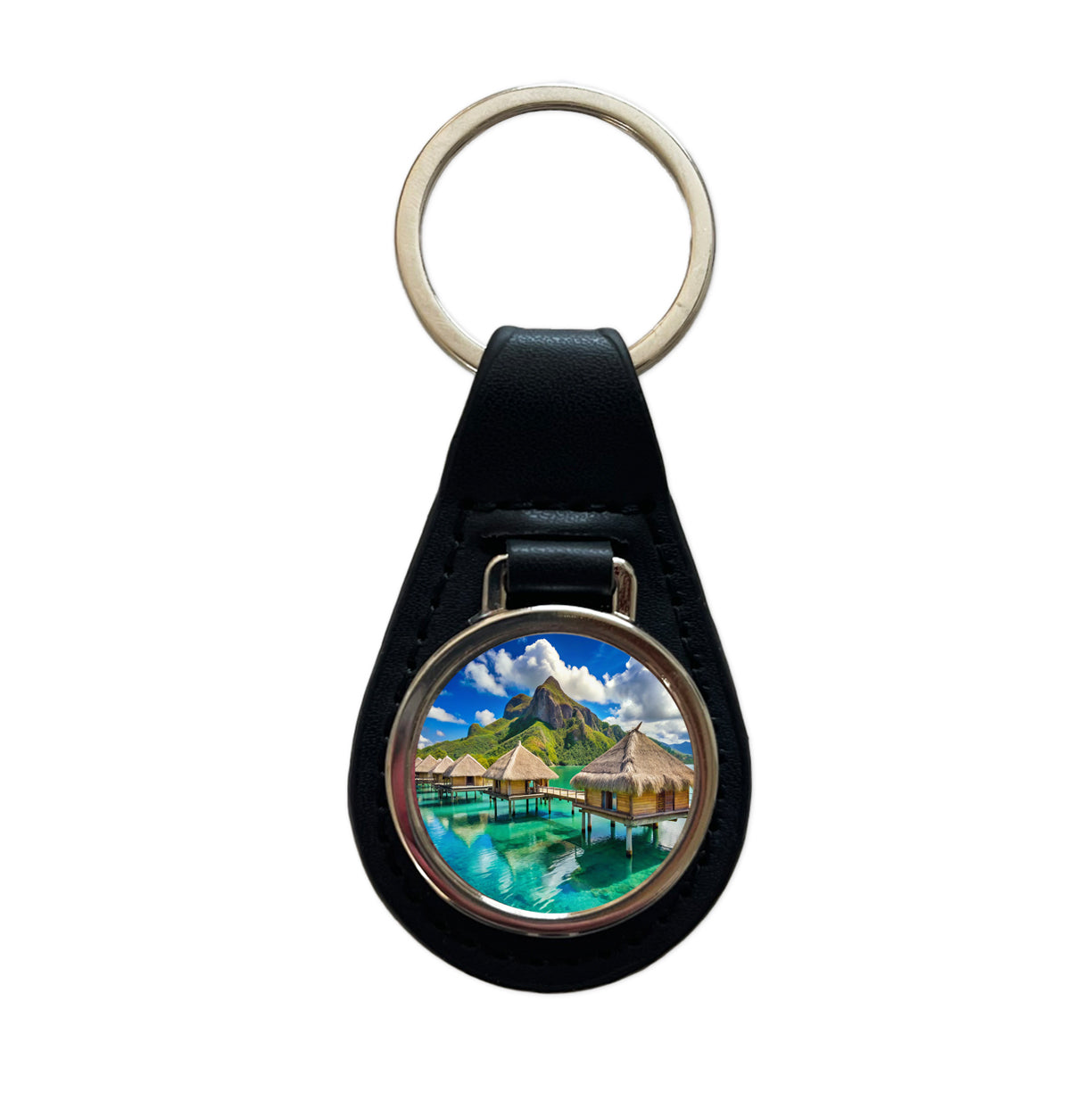 Bora Bora Huts On Water French Polynesia Black Leather Metal Keychain