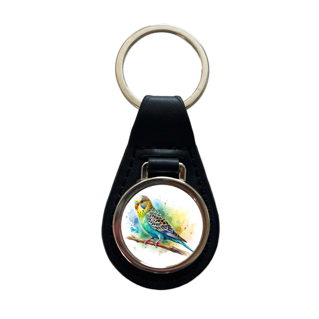 Budgerigar Budgie Parakeet Bird Watercolor Black Leather Metal Keychain