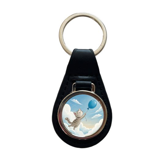 Cat Carried by Blue Balloon into the Sky Black Leather Metal Keychain