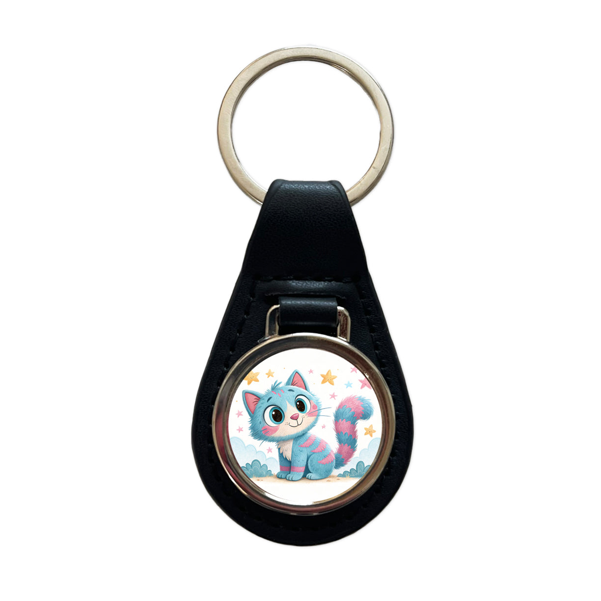 Cat Children's Illustration Style Black Leather Metal Keychain
