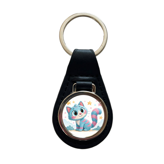 Cat Children's Illustration Style Black Leather Metal Keychain