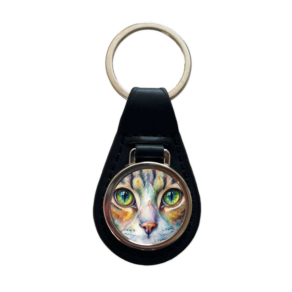 Cat Eyes Close-Up Watercolor Black Leather Metal Keychain