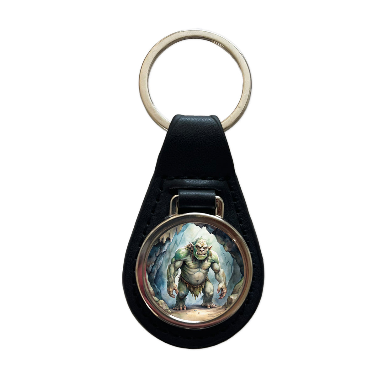 Cave Troll Fantasy Monster Watercolor Black Leather Metal Keychain
