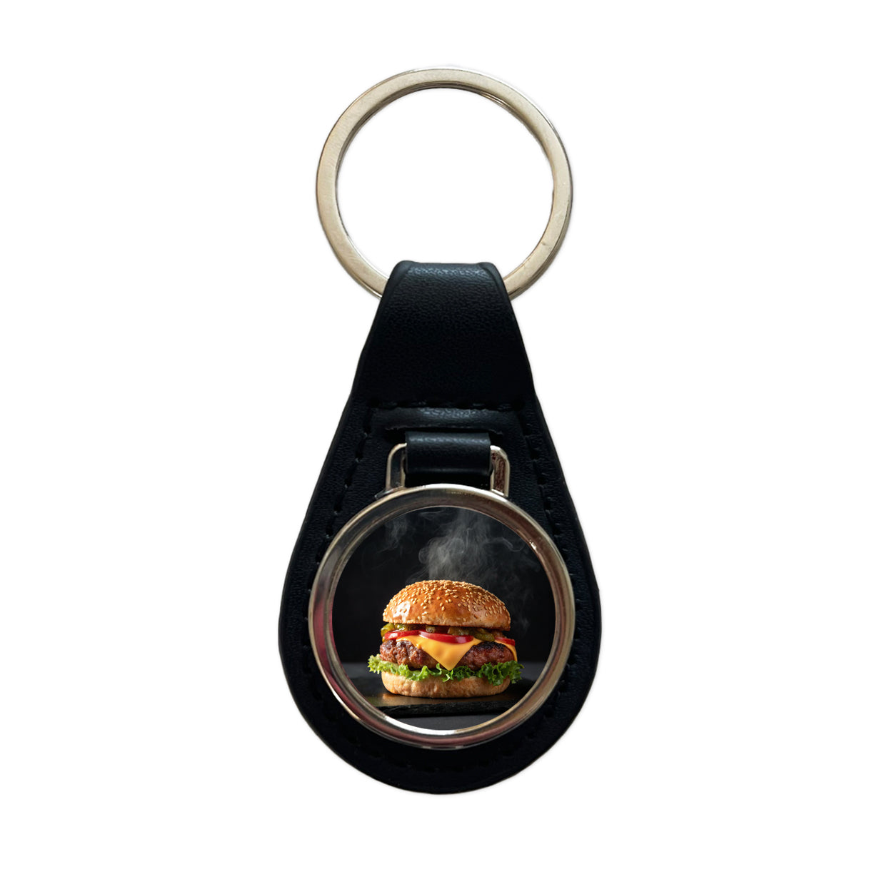 Cheeseburger with all the Toppings Black Leather Metal Keychain