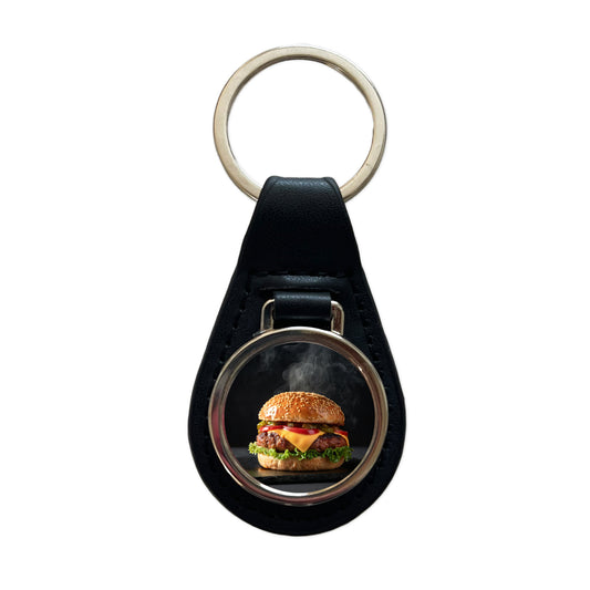 Cheeseburger with all the Toppings Black Leather Metal Keychain