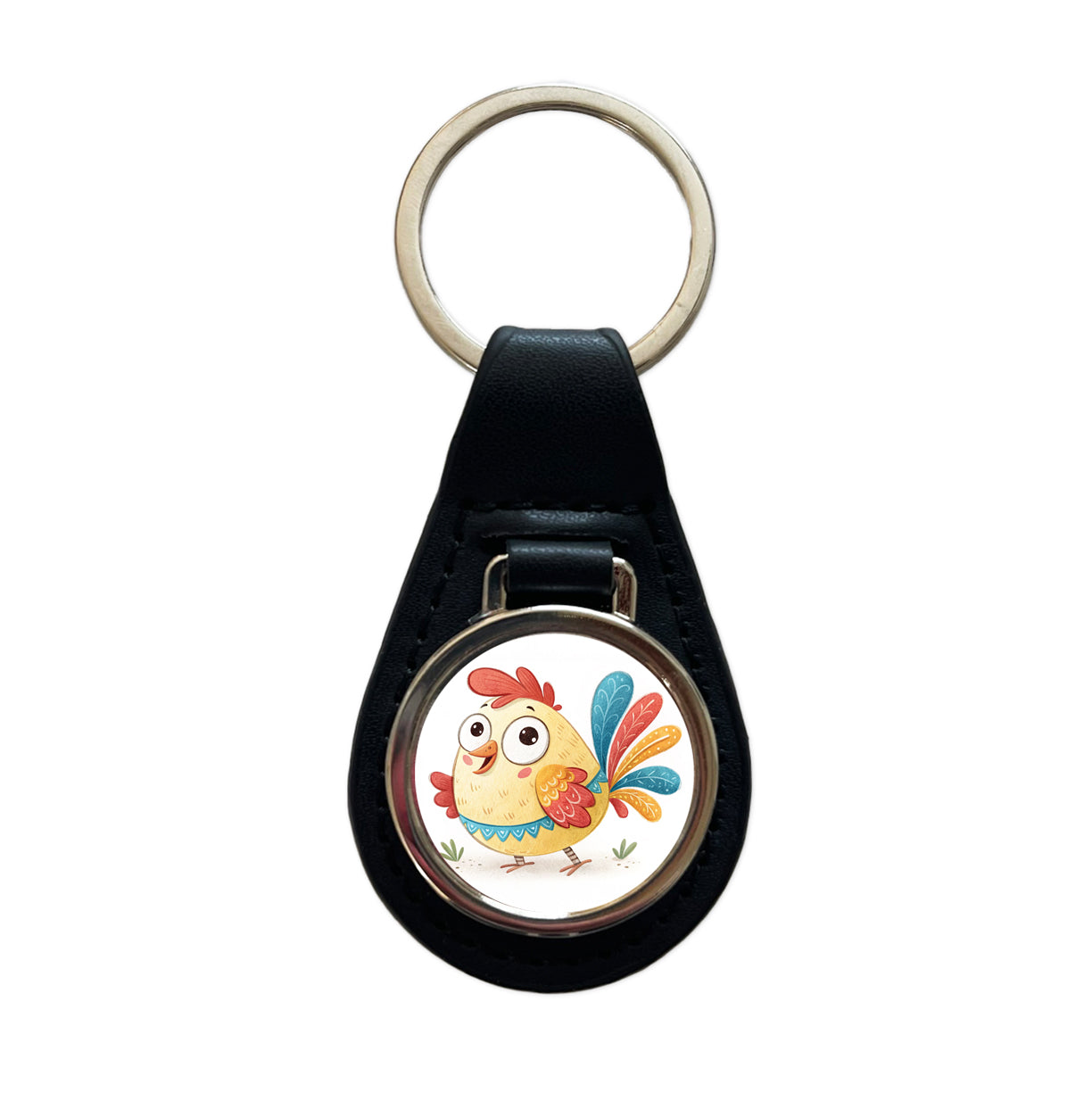 Chicken Children's Illustration Style Black Leather Metal Keychain